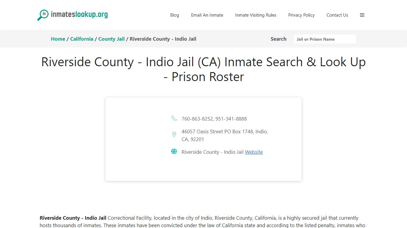 Indio Jail (CA) Inmate Search & Look Up - Prison Roster - Inmate Lookup